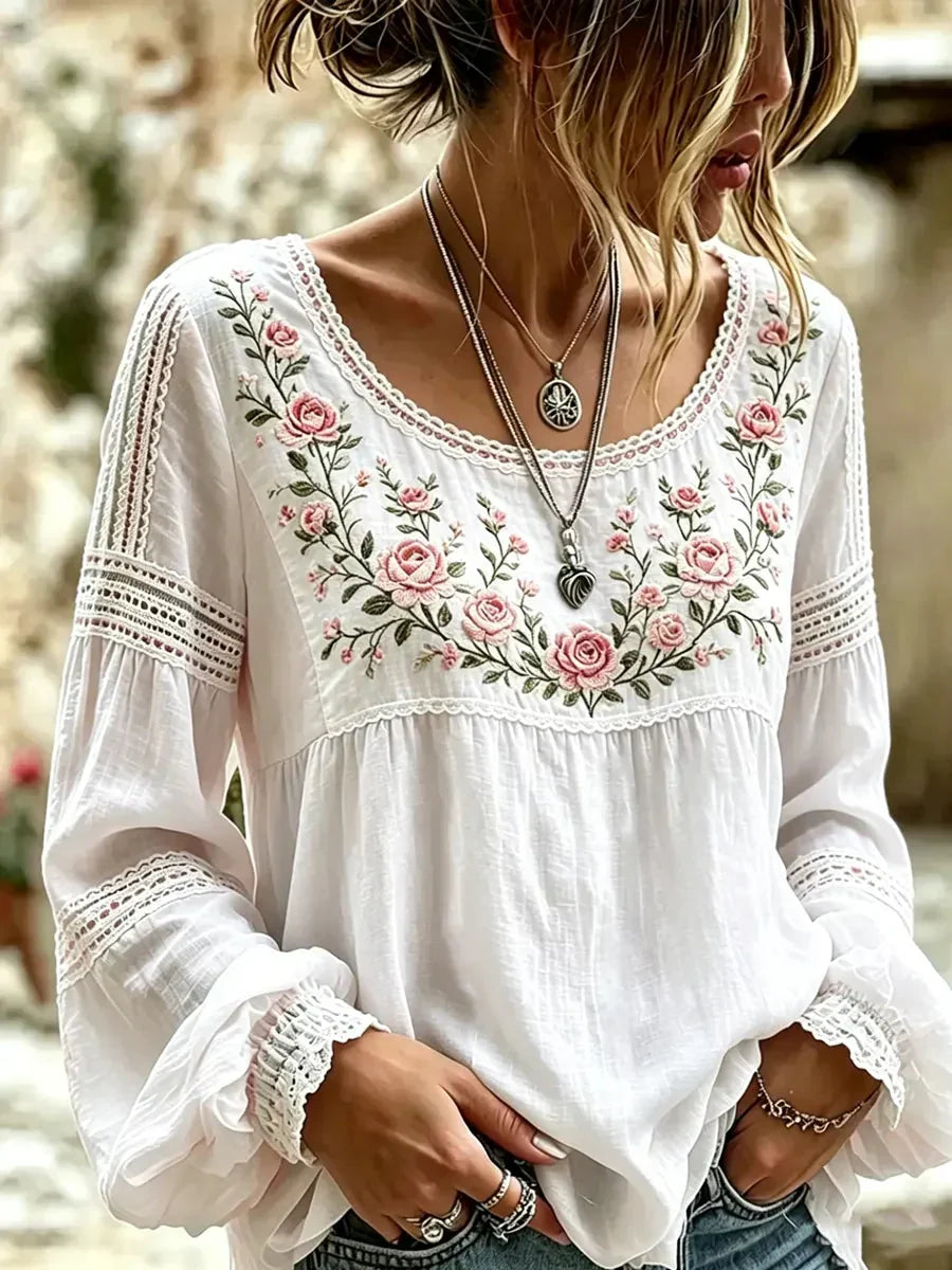 Isra - Blusa Estilo Bohemio Bordada Con Flores