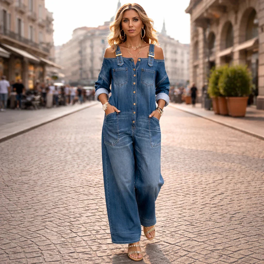 Binta - Mono de Denim con Hombros Descubiertos