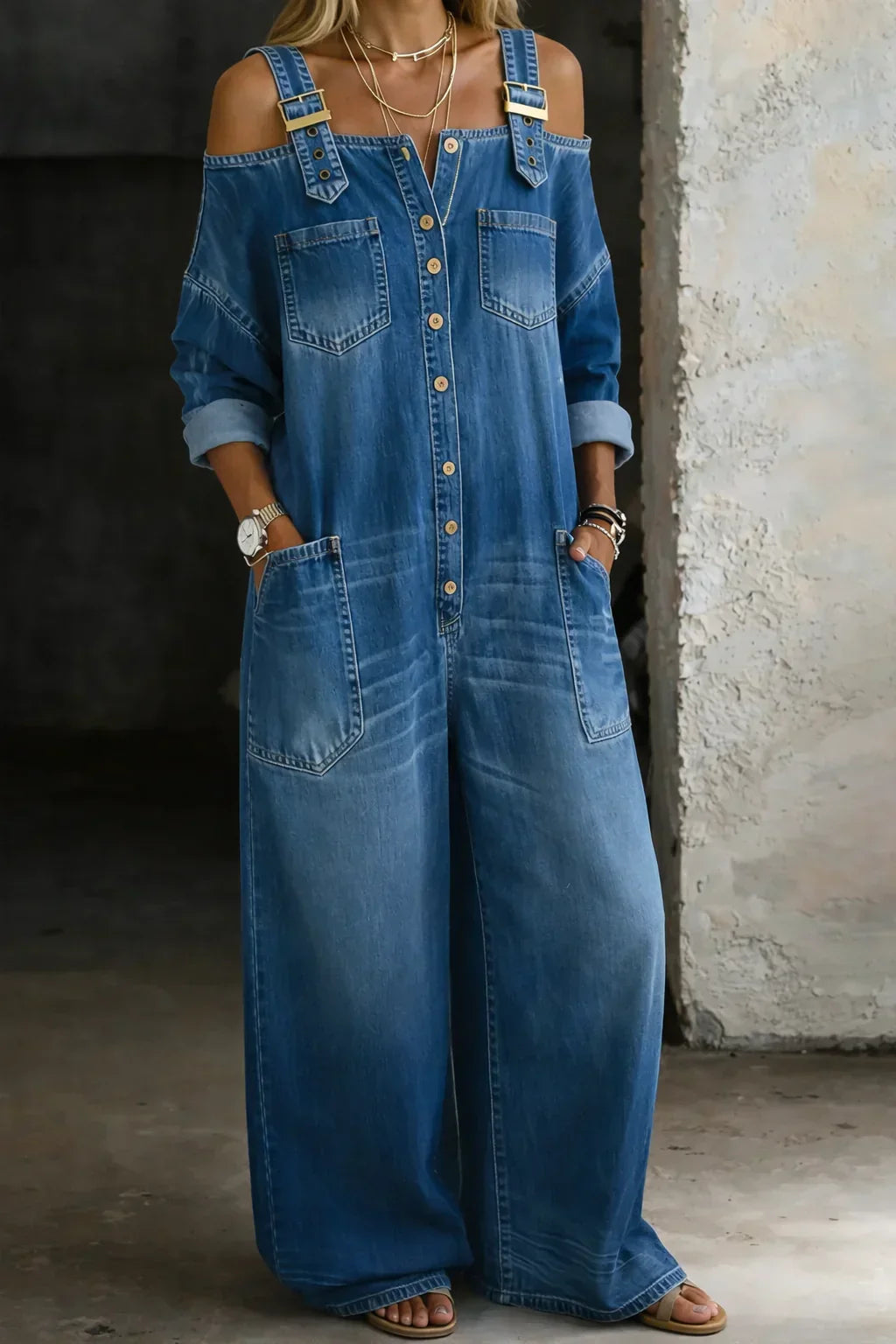 Binta - Mono de Denim con Hombros Descubiertos