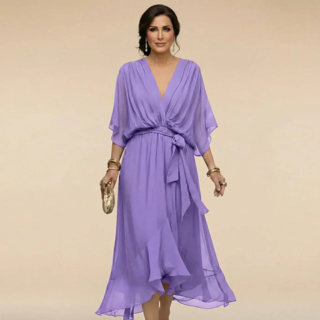 Fabienne - Vestido de Noche Fluido Ajustado de Chifón