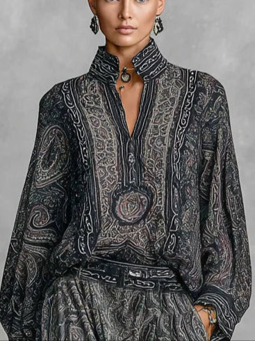 Conjunto de Dos Piezas Vintage Estampado Cachemira, Camisa Manga Larga y Pantalón