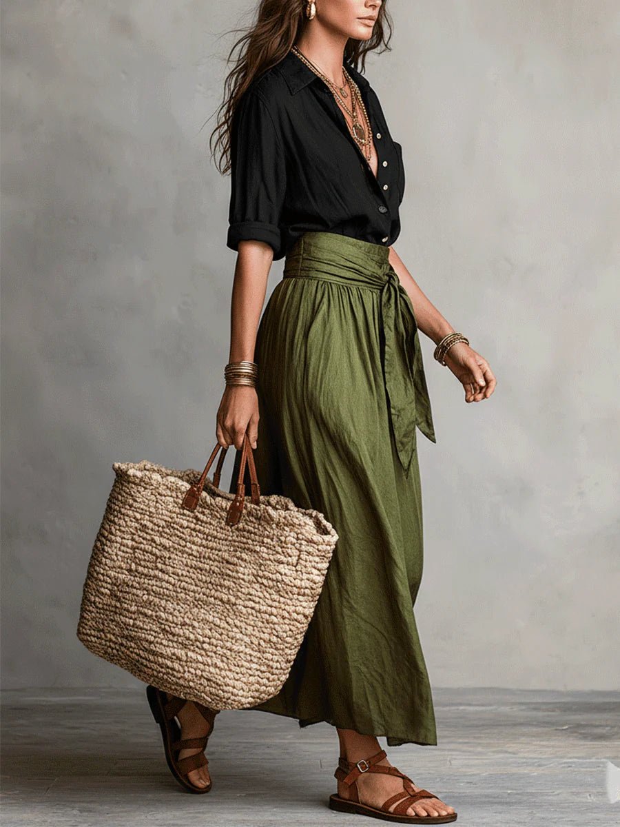 Conjunto de Dos Piezas Camiseta Negra y Falda Midi Verde Oliva