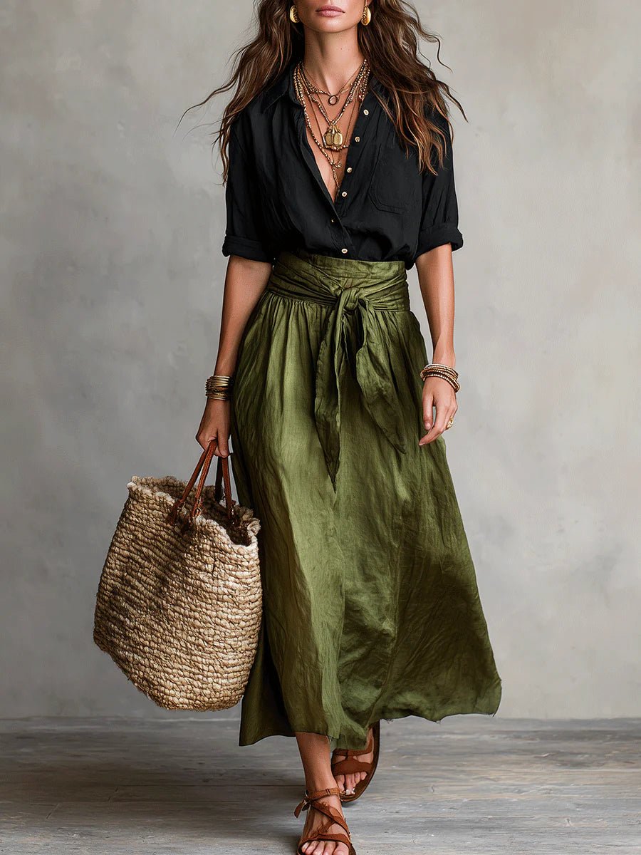 Conjunto de Dos Piezas Camiseta Negra y Falda Midi Verde Oliva